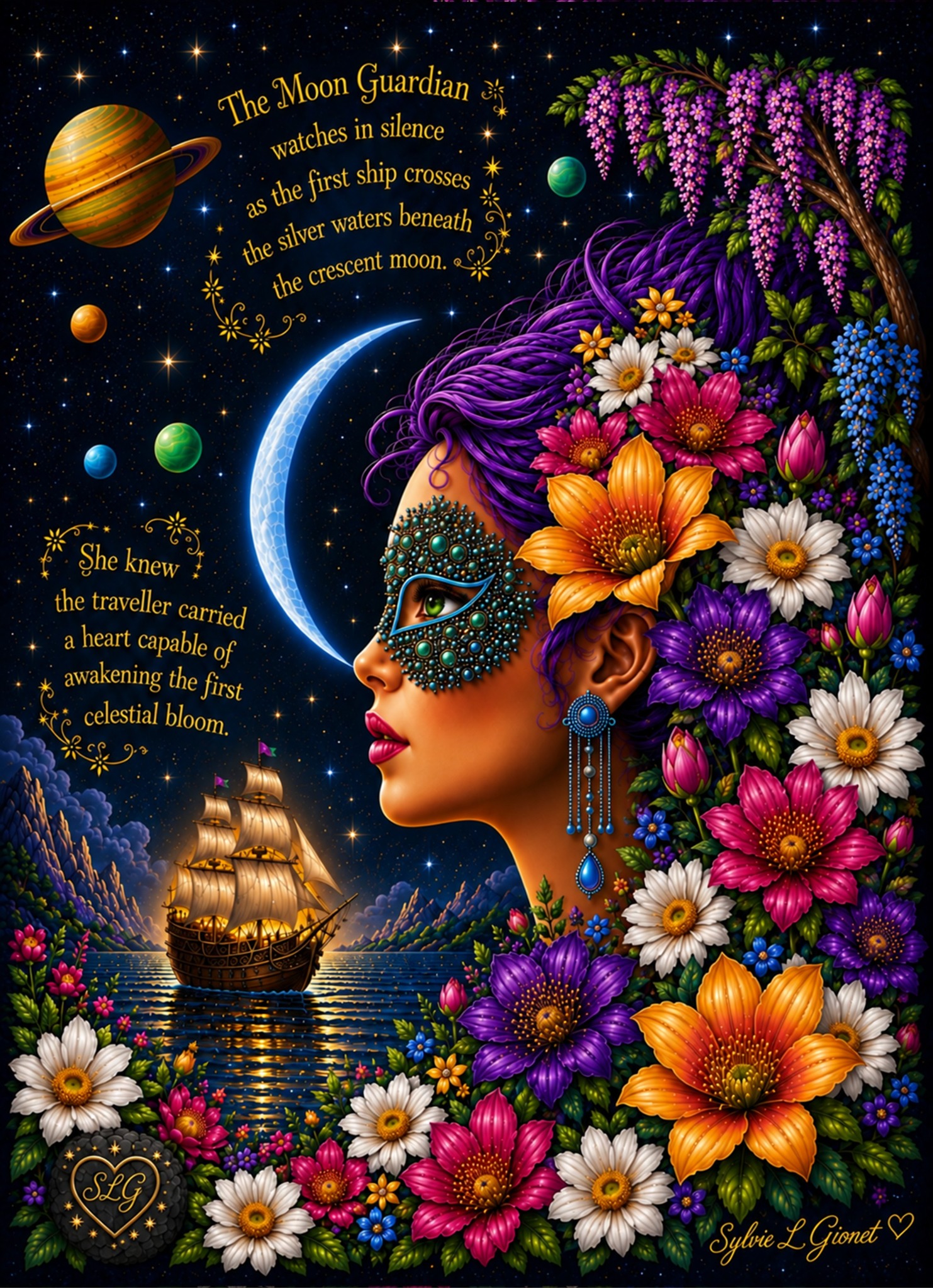 Celestial Blooms artwork featuring the Moon Guardian, a ship on silver waters, a crescent moon and vivid flowers by Sylvie L. Gionet