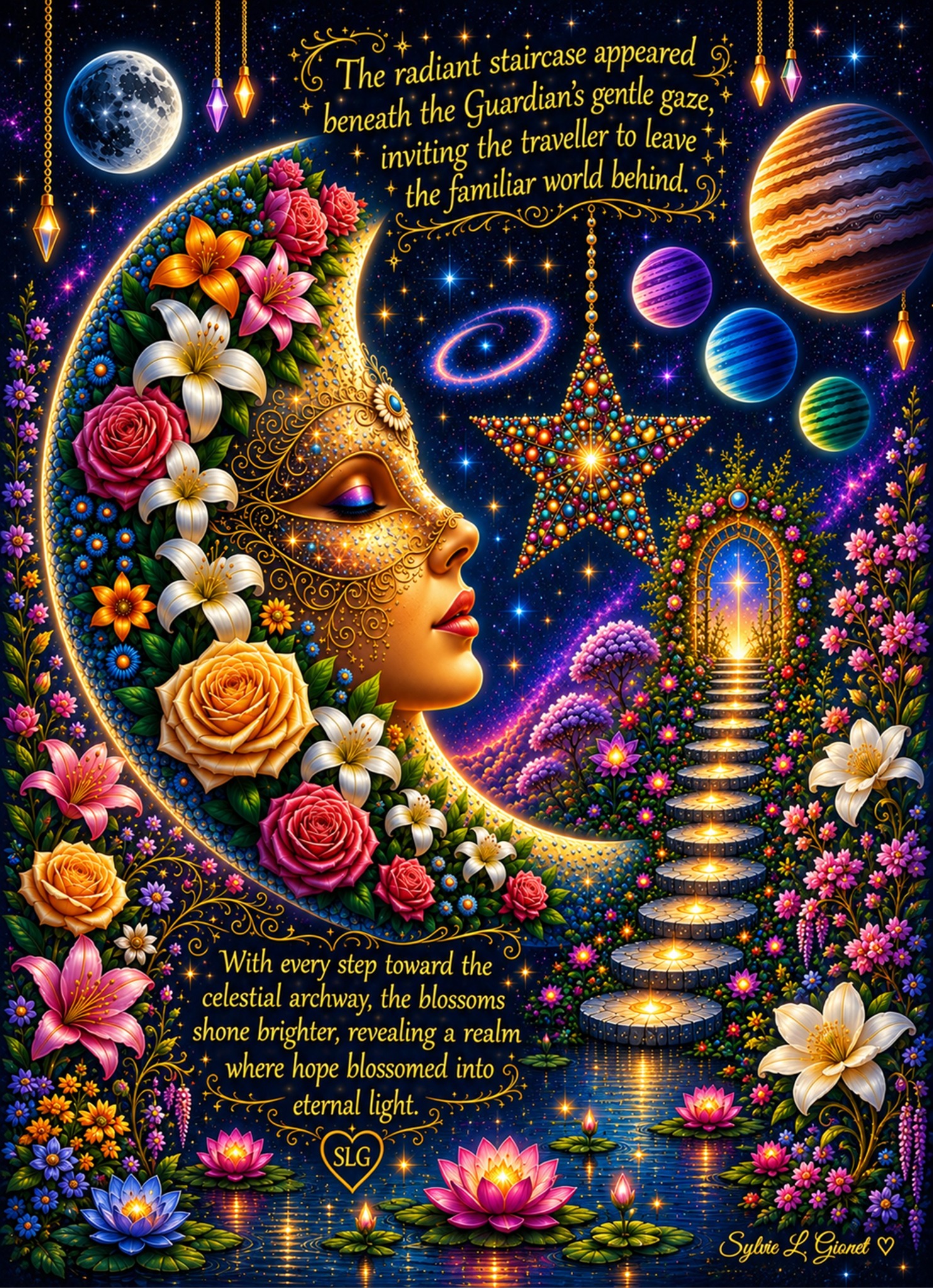 Celestial Blooms artwork featuring a radiant staircase, floral crescent guardian and celestial gateway by Sylvie L. Gionet
